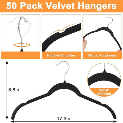 50 Pack Black Velvet Hangers Shirts, Non-Slip Felt Clothes Hangers 360°Swivel, Holds up to 10 lbs Slim Flocked Space Saving Coat Hangers for Pants Tank Top Dresses Closet Organizers, Black