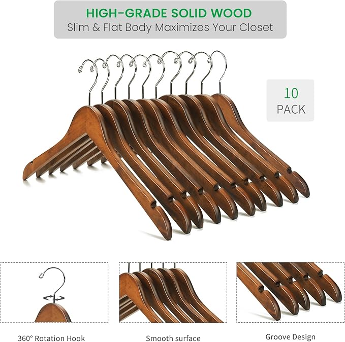 Nature Smile Wooden Coat Hangers Solid Wood Shirt Dress Clothes Hangers(10pcs Retro)