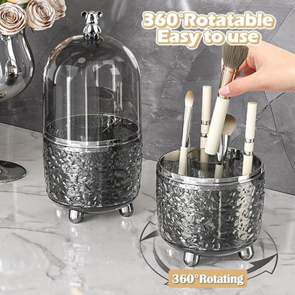 Makeup Brush Holder Organizer with Lid, 360°Rotating Dustproof Makeup Brushes Organizer, 4 Compartment Make Up Brushes Cup for Vanity Desktop Bathroom Countertop (Gray)