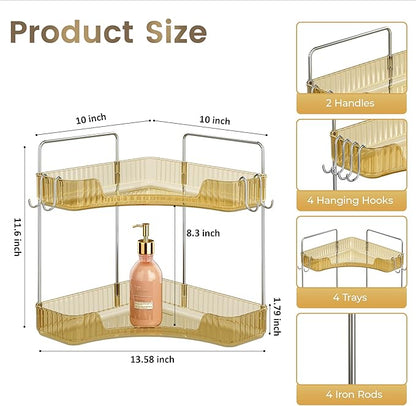 Golden Corner Counter Organizer, 2 - Tier Bathroom & Kitchen Storage Tray with Hooks | PET Vanity Organizer for Skincare, Makeup & Jewelry