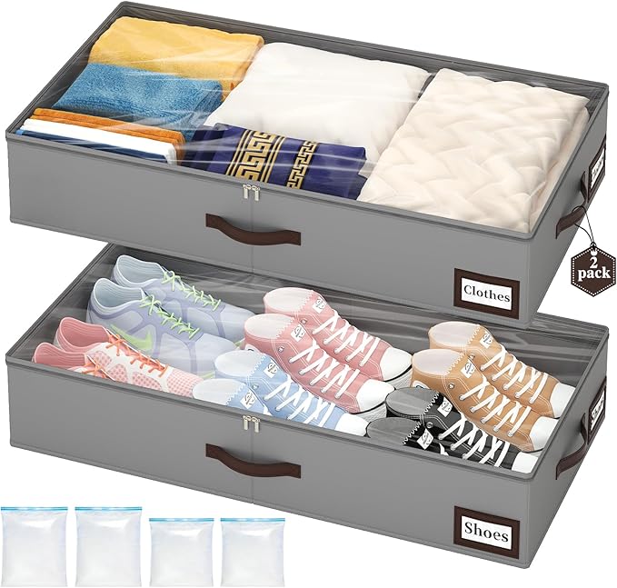 OIAHOMY 2 Pack Under Bed Storage with 4 Compression Bags, Underbed Organizers for Bedroom & Closet, Fits Beds Higher than 5.9", Space-Saving for Seasonal Clothes, Blankets & Shoes - Grey