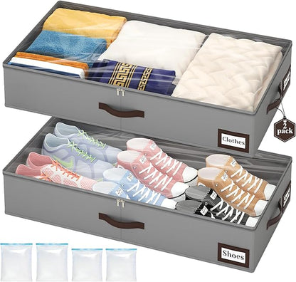 OIAHOMY 2 Pack Under Bed Storage with 4 Compression Bags, Underbed Organizers for Bedroom & Closet, Fits Beds Higher than 5.9", Space-Saving for Seasonal Clothes, Blankets & Shoes - Grey