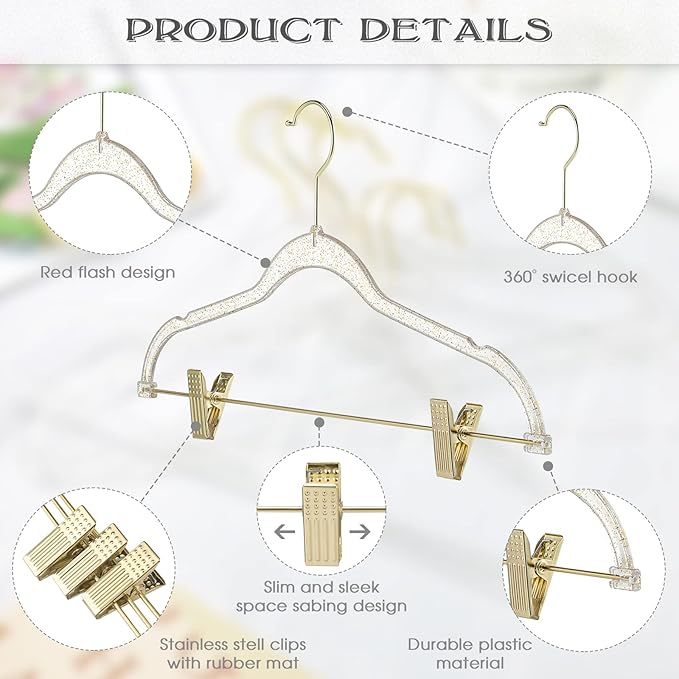 Hoolerry 10 Pcs Clear Gold Hangers with Clips Acrylic Glitter Hangers with Non Slip17 x 8 Inches Plastic Skirt Pants Storage and Organizer for Clothes Skirt Trousers Jeans(Gold)