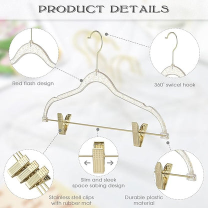 Hoolerry 10 Pcs Clear Gold Hangers with Clips Acrylic Glitter Hangers with Non Slip17 x 8 Inches Plastic Skirt Pants Storage and Organizer for Clothes Skirt Trousers Jeans(Gold)