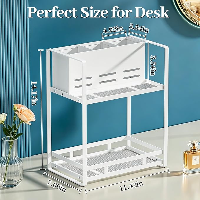 SanDream Hair Tool Organizer Bathroom Countertop, 2-Tier Metal Bathroom Organizer with Blow Dryer Holder, Large Capacity Space-Saving Vanity Shelf for Perfume, Skincare & Makeup Storage (White)