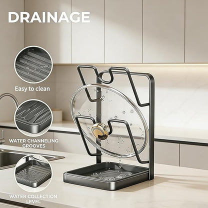 Kitchen Pot Lid Storage Rack, Double Layer Pot Lid Holder Organizer Rack & Holders While Cooking, Multifunctional Pot Lid Organizer with Removable Drip Tray for Countertop