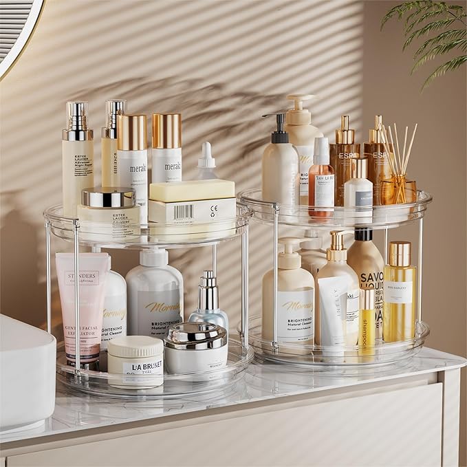 LAMU Rotating Makeup Organizer for Vanity, 10.6in 2 Tier Lazy Susan Turntable Stackable Spinning Skincare Organizer Cosmetic Perfume Tray Display for Bathroom Counterop, Large Capacity, Clear