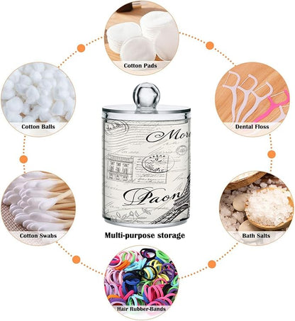 Apothecary Jars Bathroom Storage Organizer with Lid - 14 oz Qtip Holder Storage Canister, Paris Eiffel Tower Clear Plastic Jar for Cotton Swab, Cotton Ball, Floss Picks, Makeup Sponges,Hair Cl