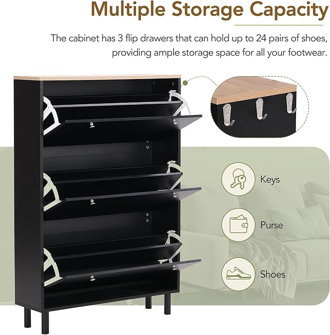 Contemporary Shoe Cabinet with 3 Flip Doors Free-Standing Wooden Shoe Rack Shoe Storage Organizer for Entryway Hallway Small Space (Black&Natural)