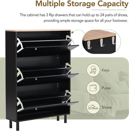 Contemporary Shoe Cabinet with 3 Flip Doors Free-Standing Wooden Shoe Rack Shoe Storage Organizer for Entryway Hallway Small Space (Black&Natural)