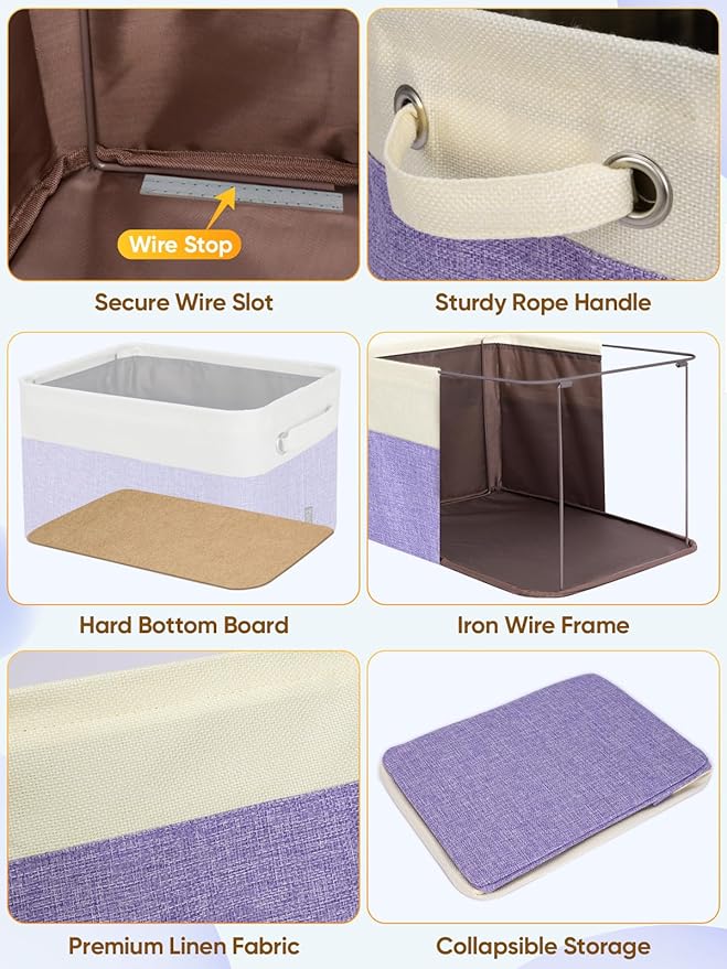 BALEINE 3 Pack Fabric Closet Storage Bins for Shelves, Linen Closet Organizers and Storage, Decorative Baskets for Organizing, Shelf, Clothes, Home, Office (Lavender, 12"x8"x8")