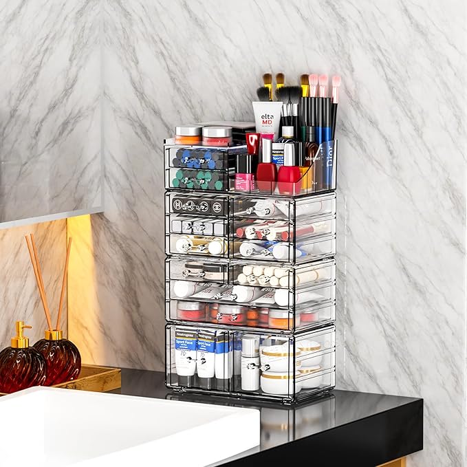 Cq acrylic Make Up Organizers for Vanity With 14 Drawers, 4 Pack Clear Drawer Organizers,Plastic Cute Desk Accessories Organization and Bathroom Organizers Storage Case Box Cube for Beauty,Skin Care