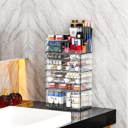 Cq acrylic Make Up Organizers for Vanity With 14 Drawers, 4 Pack Clear Drawer Organizers,Plastic Cute Desk Accessories Organization and Bathroom Organizers Storage Case Box Cube for Beauty,Skin Care