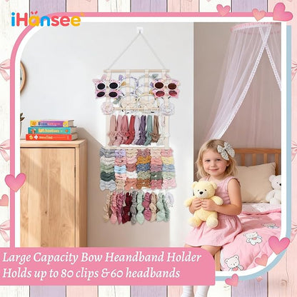 Hair Bow Organizer for Girls, Large Capacity Headband Holder Bow Holder W/ 20 Hooks & 8 Ribbons, Wall Hair Accessory Organizer for Baby Nursery Room Decor(30x14 Inch,Beige)