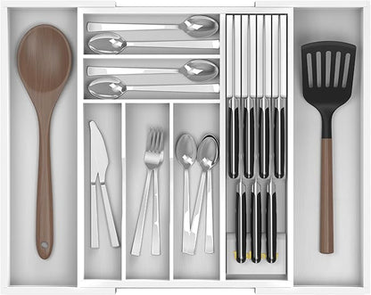 Bamboo Kitchen Drawer Organizer, Expandable Silverware Organizer with Removable Knife Block, 6-8 Slots- Utensil Holder & Cutlery Tray Drawer Dividers, 2.36" Deep for Extra Capacity, White