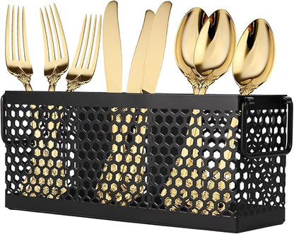 Kitchen Utensil Holder with 3Compartments Metal Mesh Silverware Caddy Organizer with Sturdy iron Base for Kitchen Countertop，White Cooking Utensil Crock