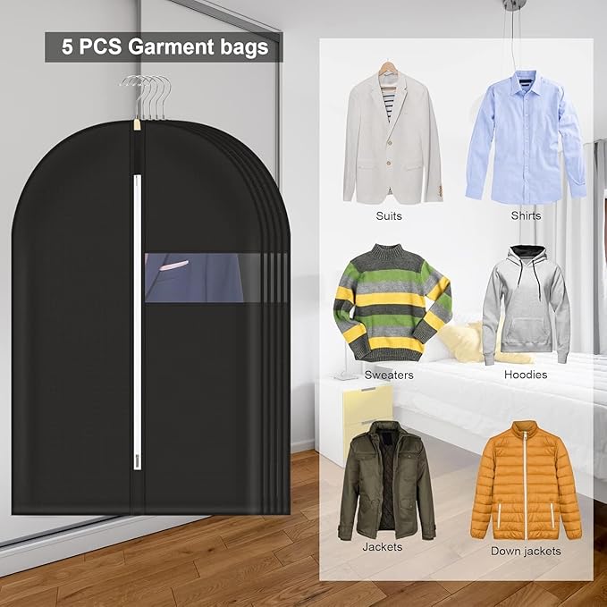 40" Garment Bag, Set of 5 Garment Bags for Hanging Clothes, Suit Garment Bag for Men, Suit Cover Bags with Clear Window for Storage Shirt, Jacket, Coat, Sweater, 5 Pack (Black)