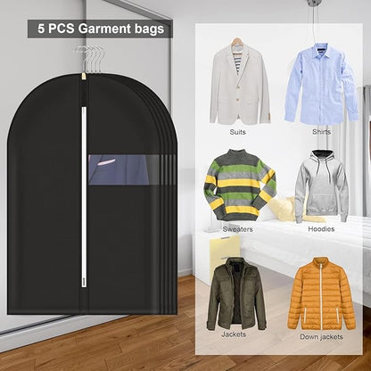 40" Garment Bag, Set of 5 Garment Bags for Hanging Clothes, Suit Garment Bag for Men, Suit Cover Bags with Clear Window for Storage Shirt, Jacket, Coat, Sweater, 5 Pack (Black)