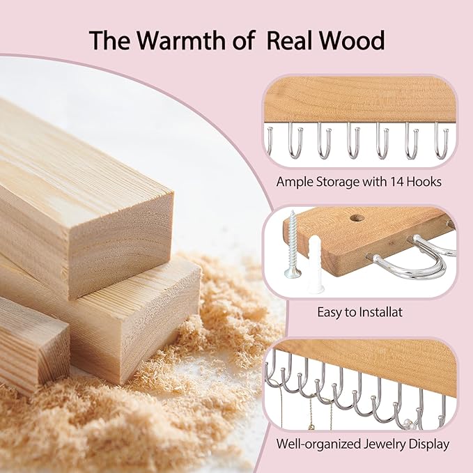 SCUNDA Wall Mounted Necklace Holder, Farmhouse Style Necklace Holder, Tangle Free Wall Jewelry Organizer with 28 Hooks(2 Packs,Natural)