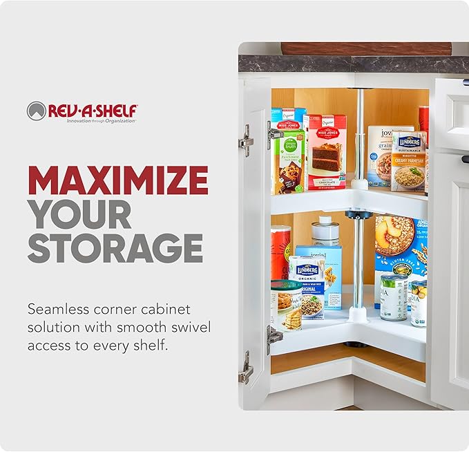 Rev-A-Shelf 28" Kidney Shaped Dual Tier Lazy Susan Organizer for Corner Base Kitchen Cabinets, Plastic Home Storage Shelves, 28" W x 22.5" D x 26" H, White, 3472-28-11-52