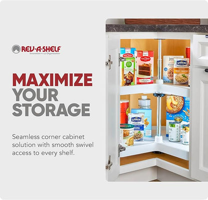 Rev-A-Shelf 28" Kidney Shaped Dual Tier Lazy Susan Organizer for Corner Base Kitchen Cabinets, Plastic Home Storage Shelves, 28" W x 22.5" D x 26" H, White, 3472-28-11-52