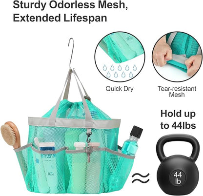 F-color Mesh Shower Caddy Portable with Drawstring - Large 8 Pockets Dorm Room Essentials for Guys Girls with S Hook, Shower Bag Basket Tote for College Camping Gym Travel Bathroom, 2 Pack Mint Green
