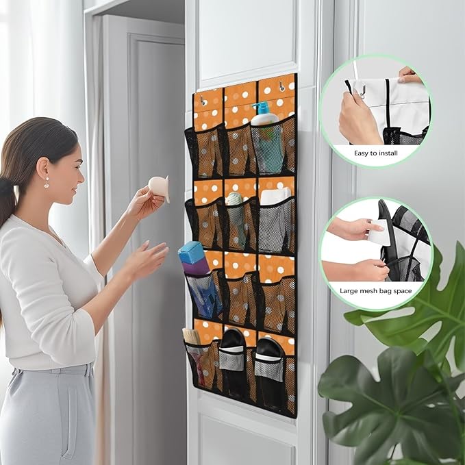 Large Capacity 12-Section Door Hanging Storage Bag, Oxford Fabric Waterproof Scratch-Resistant and for Home Organization, Dots Print Dark Orange