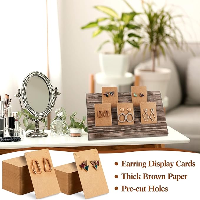 Marsui 62 Pcs Wood Earring Display Stand Earring Card Display 2 Sets of Holder with Cards Jewelry Stands for Selling