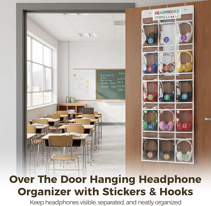 2 Pcs Over The Door Hanging Headphone Organizer, 30 Clear Pockets, 52 x 18.1 in PVC Pocket Chart with Stickers & Hooks, for Headphone Cell Phone Storage