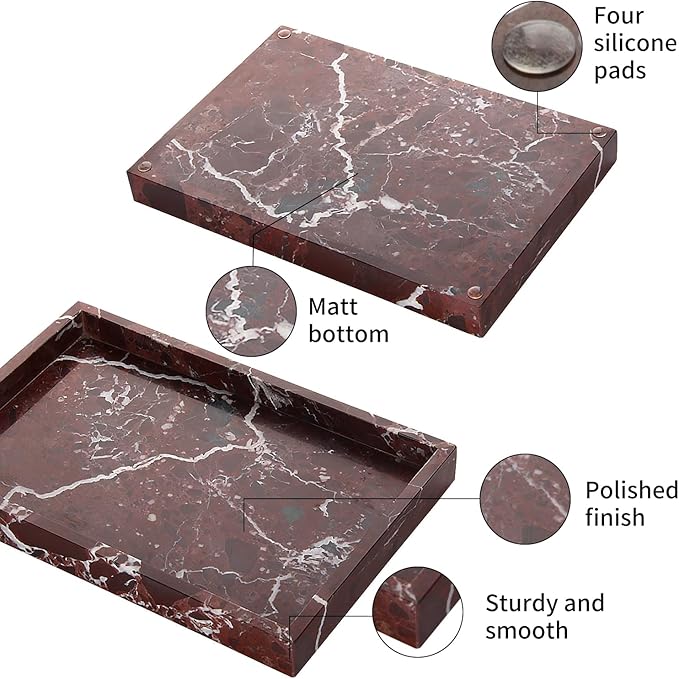 Marble Bathroom Vanity Tray, Natural Luxury Vanity Home Kitchen Bathroom Table Tray, Stone Decorative Countertop Dresser Trays for Key Coffee Perfume Jewelry Makeup (Rosso Lepanto, 12"x 8" x1.2")
