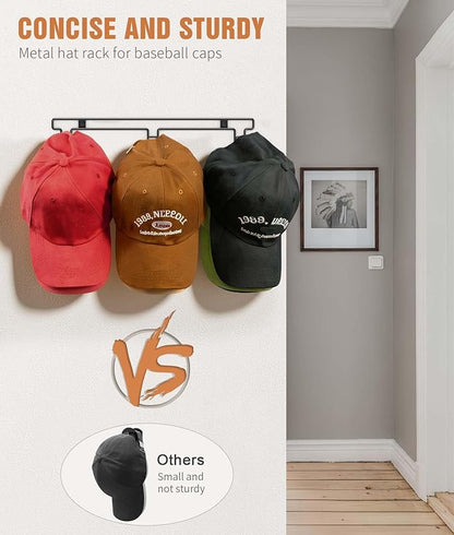 Hat Rack for Wall, [2-Pack] Metal Hat Organizer for Baseball Caps Holder 30 Hats Hook Hanger, Baseball Cap Storage, Strong Adhesive/Wall Drilled for Door, Room, Closet | Black