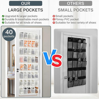 40-Pocket Over the Door Shoe Organizer - Large Mesh Pocket Hanging Shoe Rack for Door, Shoes Storage Holder Sturdy Non-woven Fabric - Stores 20 Pairs (White02)