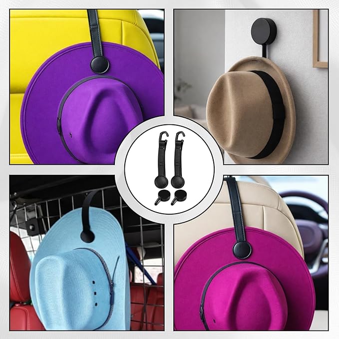 4Pcs Cowboy Hat Holder for Truck Set, Leather Magnetic Cap Clip, Cowboy Hat Holder, Adjustable Hat Organizer Suitable for Most Vehicle Storage(Black)