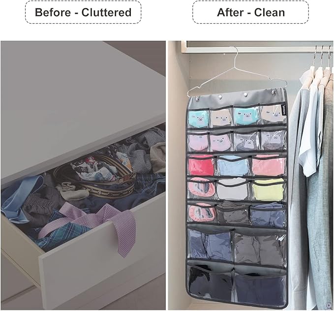 Dual Sided Hanging Organizer for Jewelry Makeup Storage Closet Organizers for Bows Socks Underwear with 42 Clear Pockets (GREY)