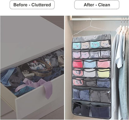 Dual Sided Hanging Organizer for Jewelry Makeup Storage Closet Organizers for Bows Socks Underwear with 42 Clear Pockets (GREY)