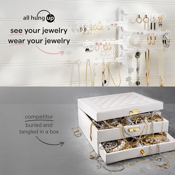 All Hung Up 6-Tier 6" Wall Jewelry Organizer, Command Strips included for Easy Hanging, 120 Hole Earring Organizer, Necklace Organizer, Bracelet Holder, Ring Holder, Rotating Branches (White 6-TIer)