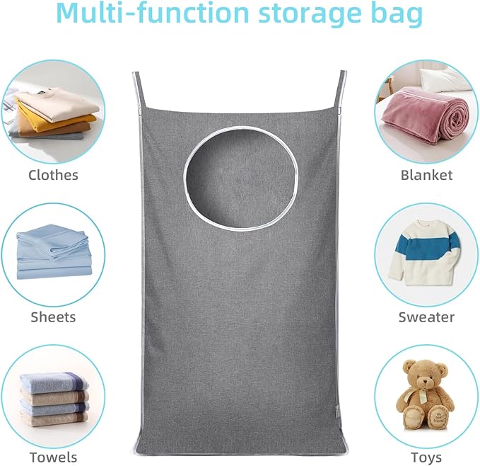 KEEPJOY Hanging Laundry Hamper Bag with 2 Different Types of Hooks, Size 20 x 30 Inch Door Laundry Hamper Storage Bag for Dirty Clothes, Blankets, and Toys (Grey, 1-Pack)