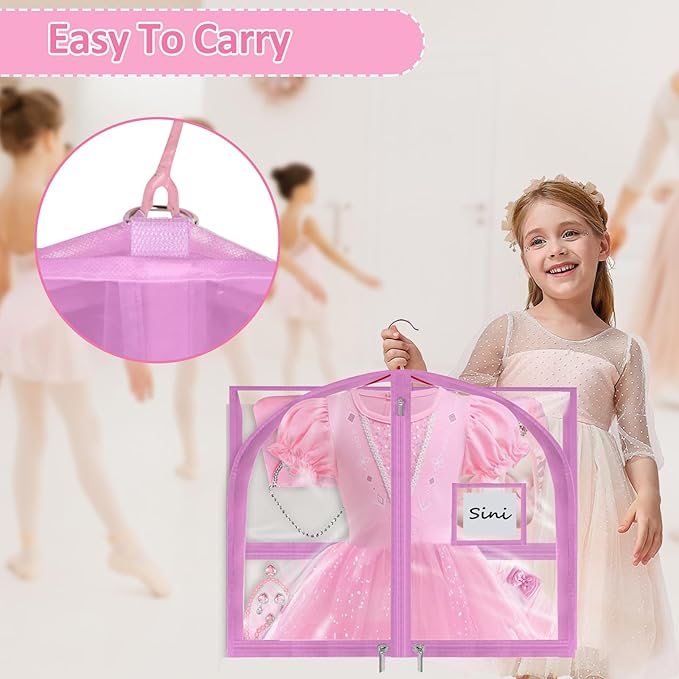 Garment Bags for Dance Costumes - 40 Inch Clear PVC with 5 Zipper Pockets (3 Pack) - Kids Dance Garment Bag for Dancers, Hanging Clothes Storage, Competitions & Travel (Clear Pink)