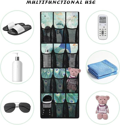Over The Door Organizer Hanging, Behind The Door Storage, Closet Door Organizer with 12 Mesh Pockets for Bedroom,Peacock