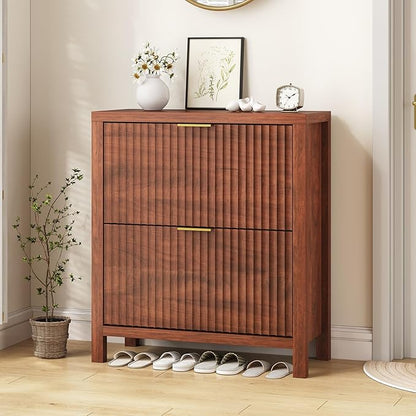 YOMILUVE Shoe Cabinet Storage for Entryway, Fluted Shoe Cabinet with 2 Flip Drawers, Hidden Shoe Rack Tall Freestanding Shoe Organizer with Legs for Hallway, Walnut