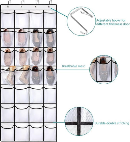 REGELETO 2 Pack 28 Pocket Over the Door Shoe Organizer, Hanging Shoe Rack for Door Large Capacity Shoe Organizer Holder with 4 Metal Hooks (White-2Pack)