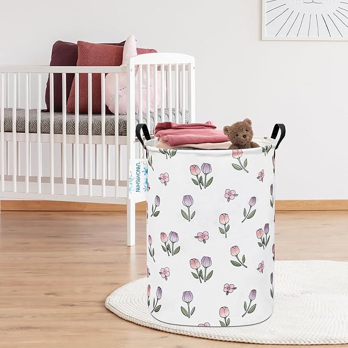 Laundry Basket Canvas Fabric Collapsible Organizer Basket for Storage Bin Toy Bins Gift Baskets Bedroom Clothes Children Nursery Hamper (Tulip)