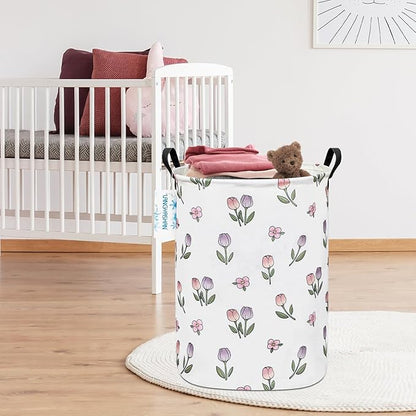 Laundry Basket Canvas Fabric Collapsible Organizer Basket for Storage Bin Toy Bins Gift Baskets Bedroom Clothes Children Nursery Hamper (Tulip)