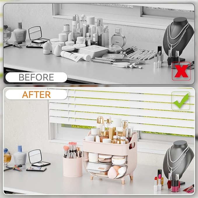 Yieach Pink Make up Organizer for Countertop,Vanity,Large Capacity Bathroom Makeup Skincare Organizers With Brush Holder,Makeup Storage Organizer for Lotion,Beauty Products,Skin Care,Makeup Display