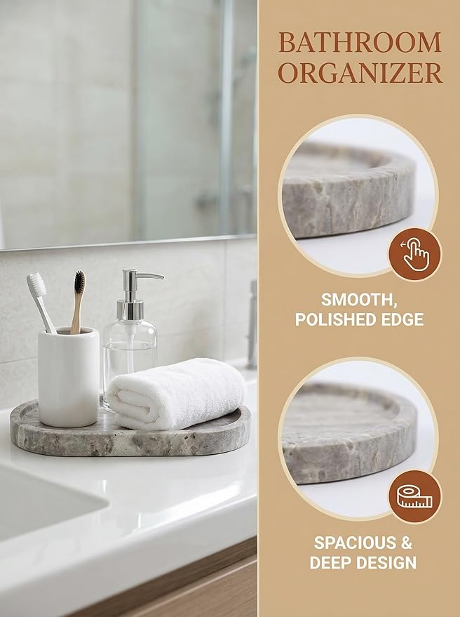 OOBOOB Oval Natural Marble Tray,Elegant Vanity Organizer for Jewelry, Perfume, Decorative Serving Tray for Coffee, Tea, or Dining Table Centerpiece,Countertop Storage Organizer for Home Bathroom