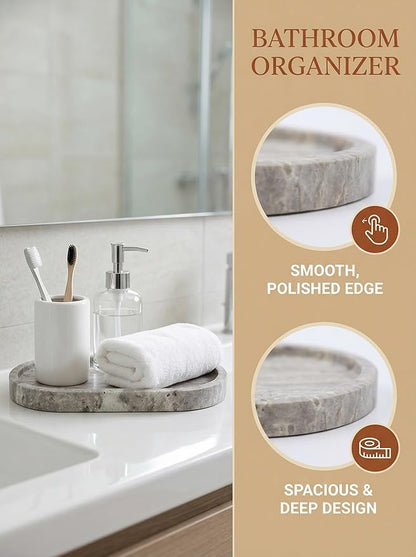 OOBOOB Oval Natural Marble Tray,Elegant Vanity Organizer for Jewelry, Perfume, Decorative Serving Tray for Coffee, Tea, or Dining Table Centerpiece,Countertop Storage Organizer for Home Bathroom