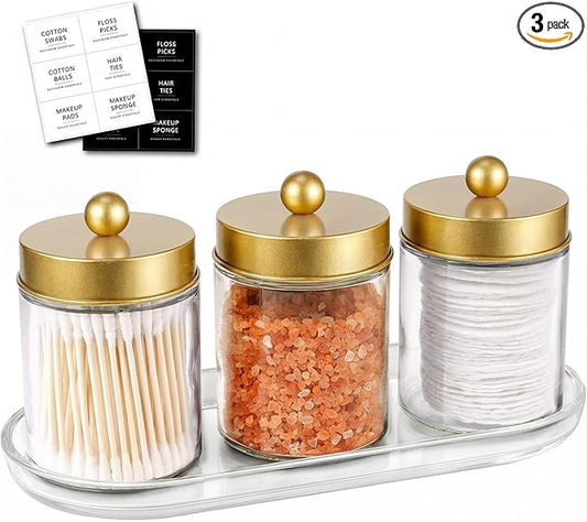 SheeChung 3-Pack Glass Apothecary Jars with Acrylic Vanity Tray - Bathroom Organizer Set for Qtip, Cotton Ball, Floss Picks - Luxury Style Bathroom Accessories Storage Canister（Gold)
