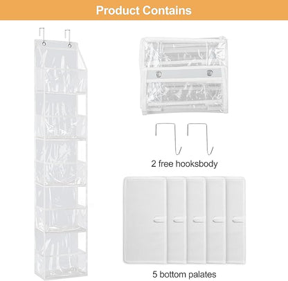 Libeder Over the Door Storage Organizer,5 Large Pockets Foldable Hanging Organizer Closet Door Organizer Clear PVC Hanging Storage Bag for Bedroom, Nursery, Toys, Shoes, Diapers(White)