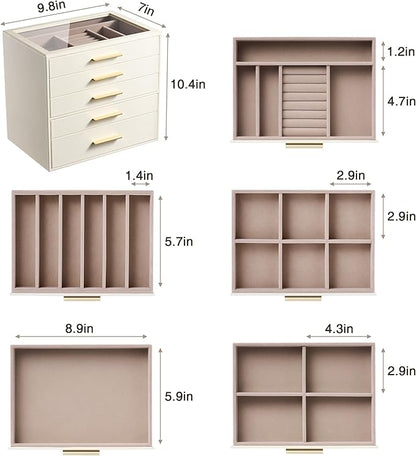 pickpiff Jewelry Box Organizer Case for Women: 5-Layer Jewelry Storage Case with Glass Window, Ivory Leather with Pink Velvet, Holder for Ring Necklace Bracelet Brooch Watch, Great Gift for Her