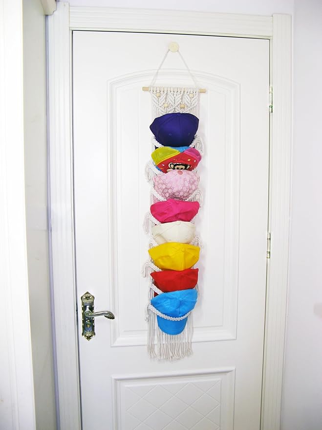 8-Tier Macrame Baseball Cap Organizer With Boho Hooks—Handwoven Boho Cap Holder,Macrame Hat Hangers-Space Saving Wall Storage for Living Room, Bedroom, Entryway